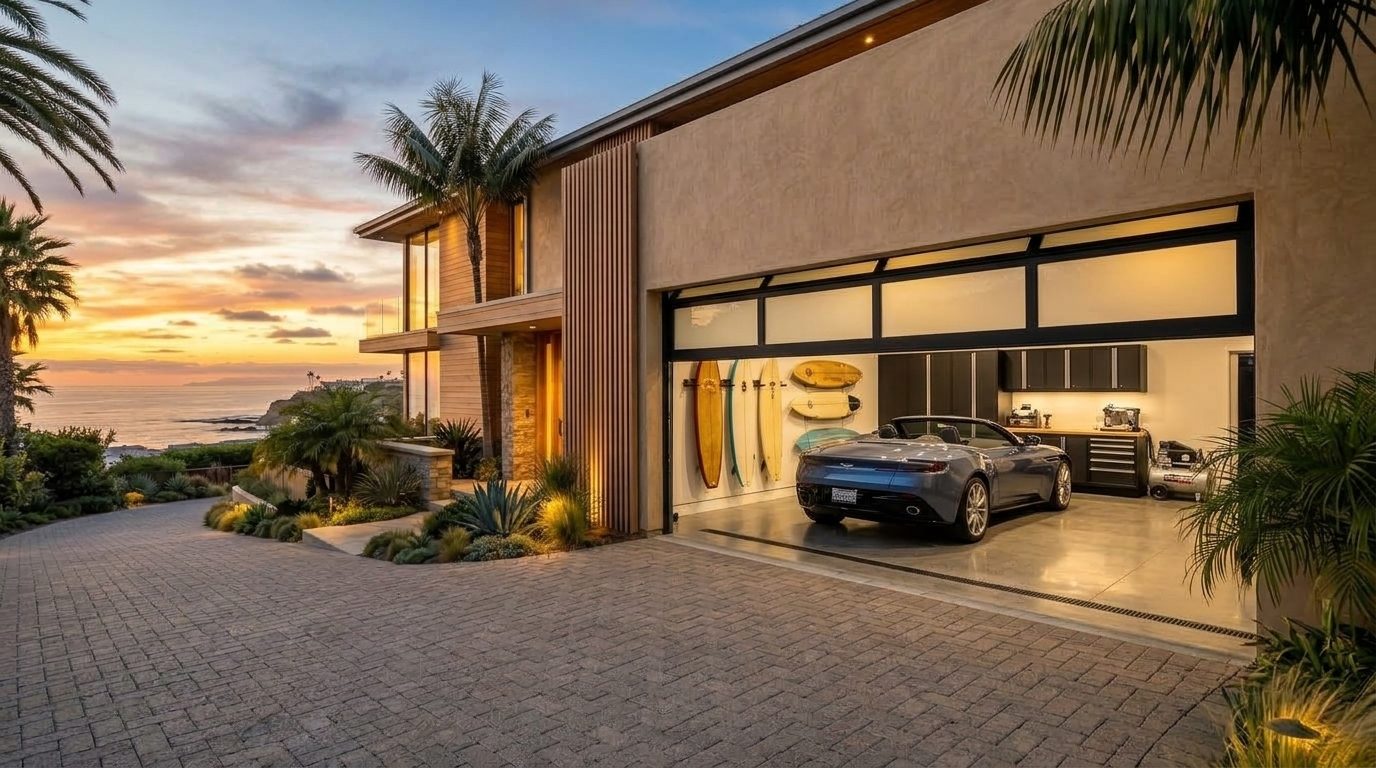 Foster and Gonzales Garage Door Services Garage Door Gliding Open Revealing Warm Illuminated Interior