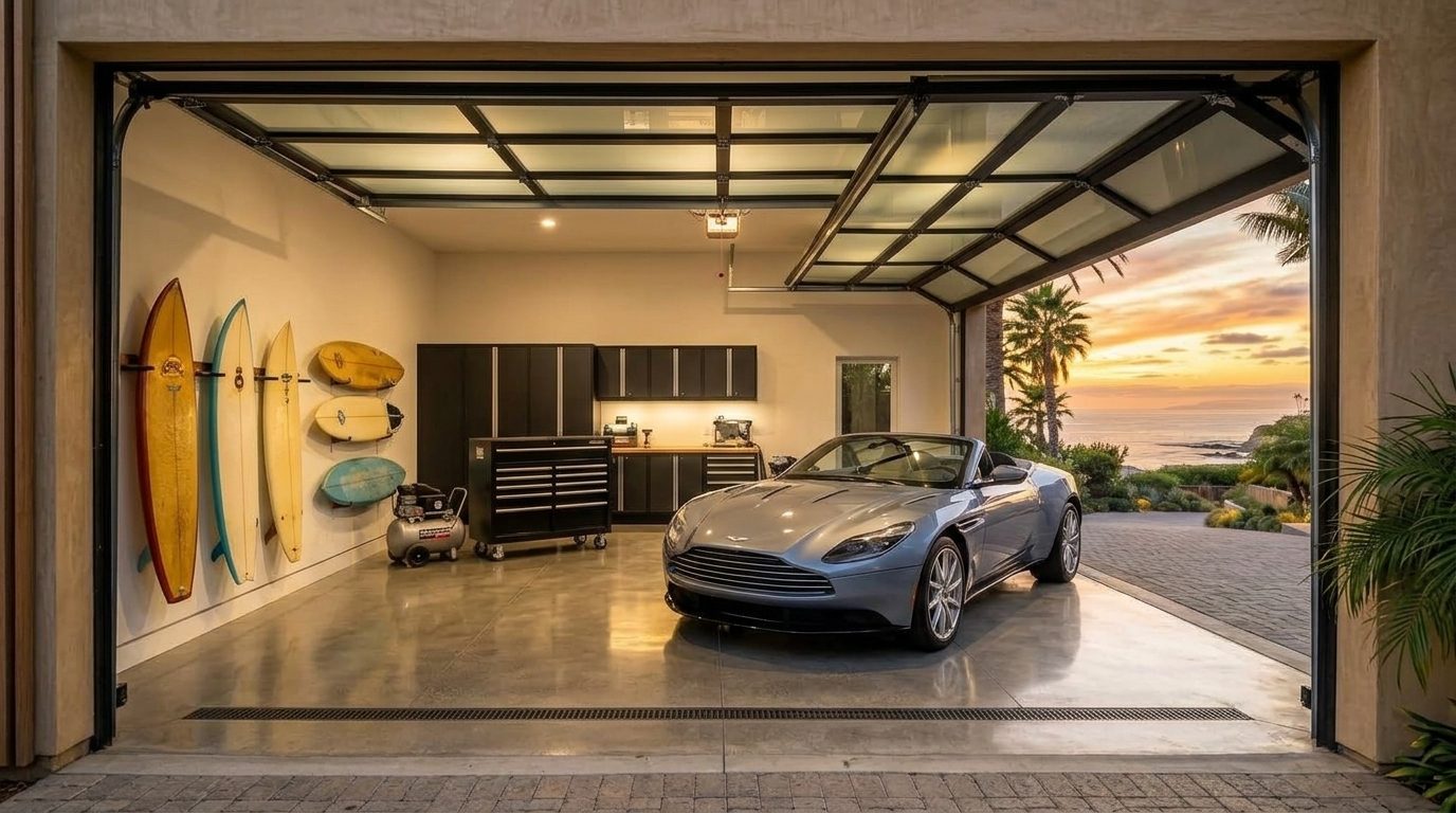 Foster and Gonzales Garage Door Services Interior View of Custom Garage Door Overhead and Workshop